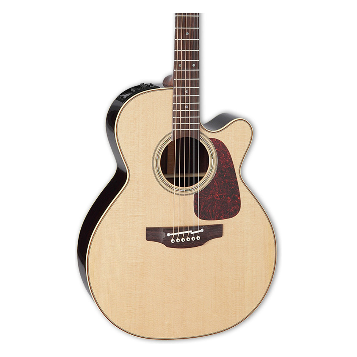 Front of the Takamine P5NC body in a natural gloss finish: solid spruce top, cutaway, soundhole rosette and the lower fretboard.