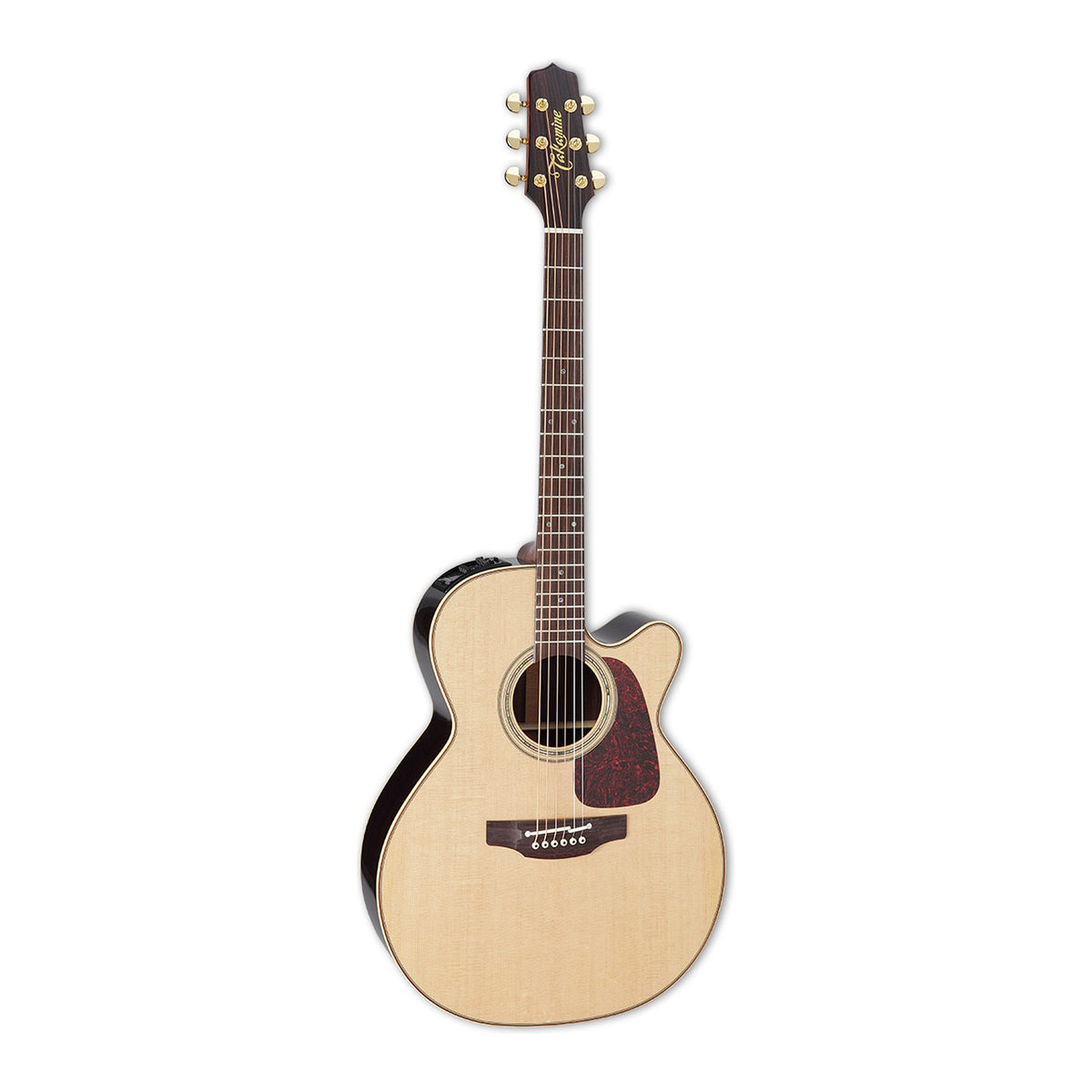 Full front view of the Takamine P5NC NEX cutaway guitar standing upright with the headstock at the top.