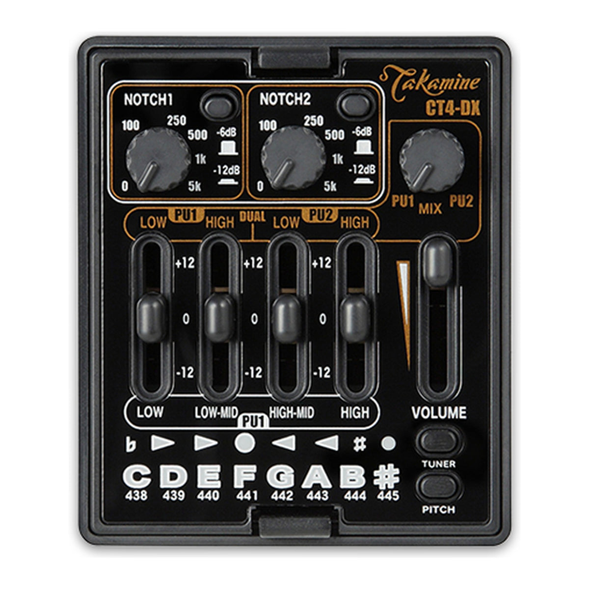 Takamine CT4-DX preamp panel with two notch controls, EQ sliders, a volume slider and a tuner display.