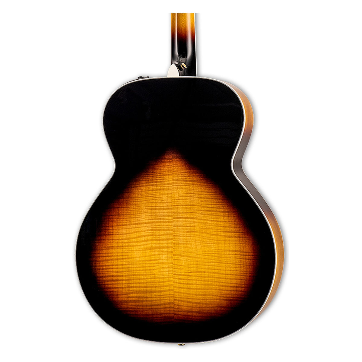 Back of the Takamine P6N BSB LH body showing the solid flame maple back and the heel of the maple neck.