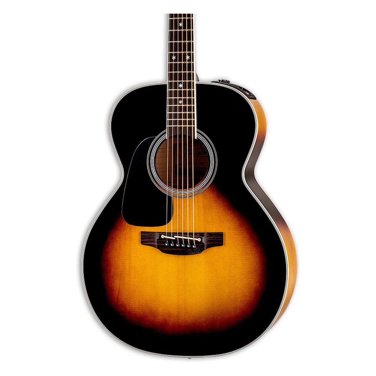 Front of the left-handed Takamine P6N BSB LH body in a brown sunburst gloss finish: solid spruce top, soundhole rosette and the lower fretboard.