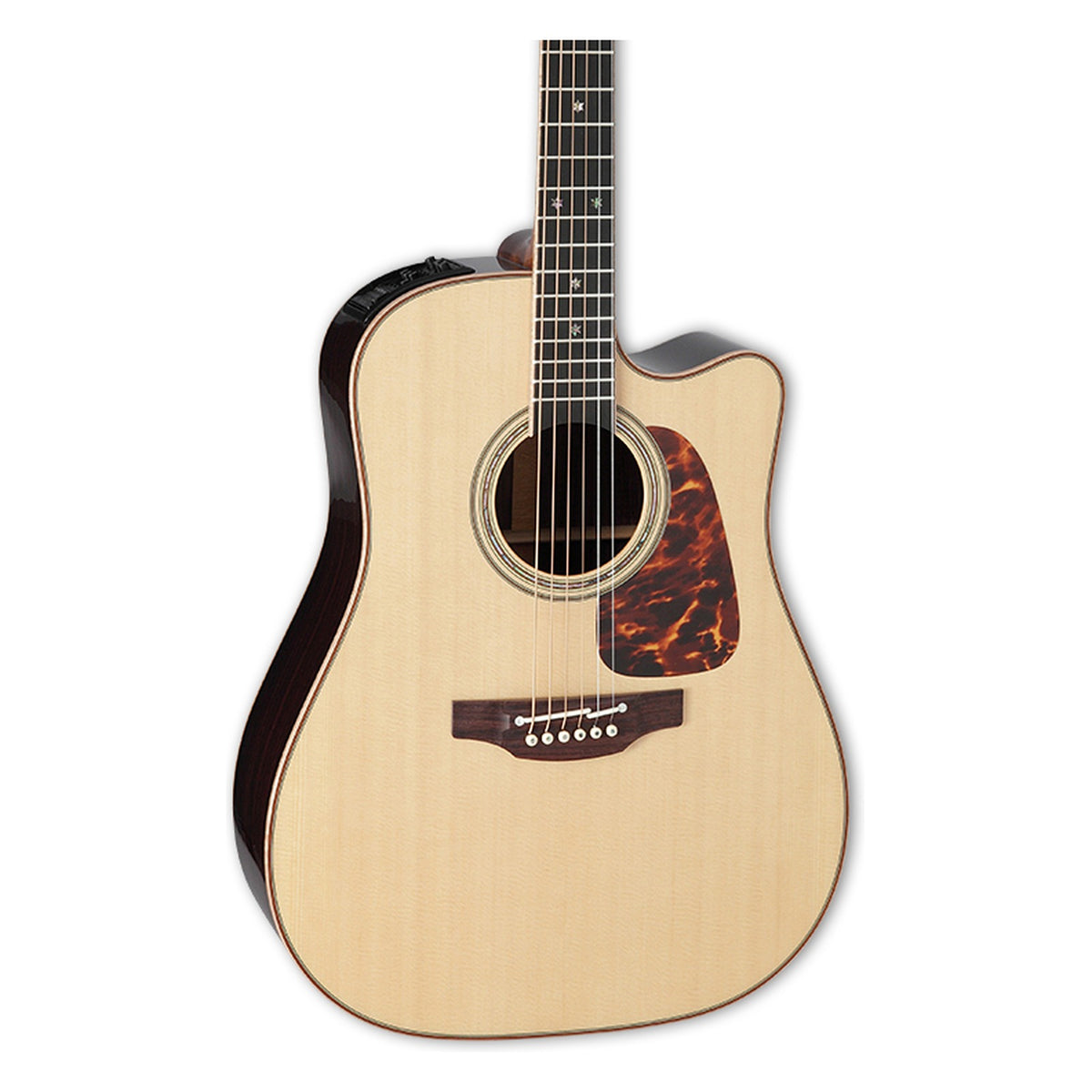Front of the Takamine P7DC body in a natural gloss finish: solid spruce top, cutaway, soundhole rosette and the lower fretboard.