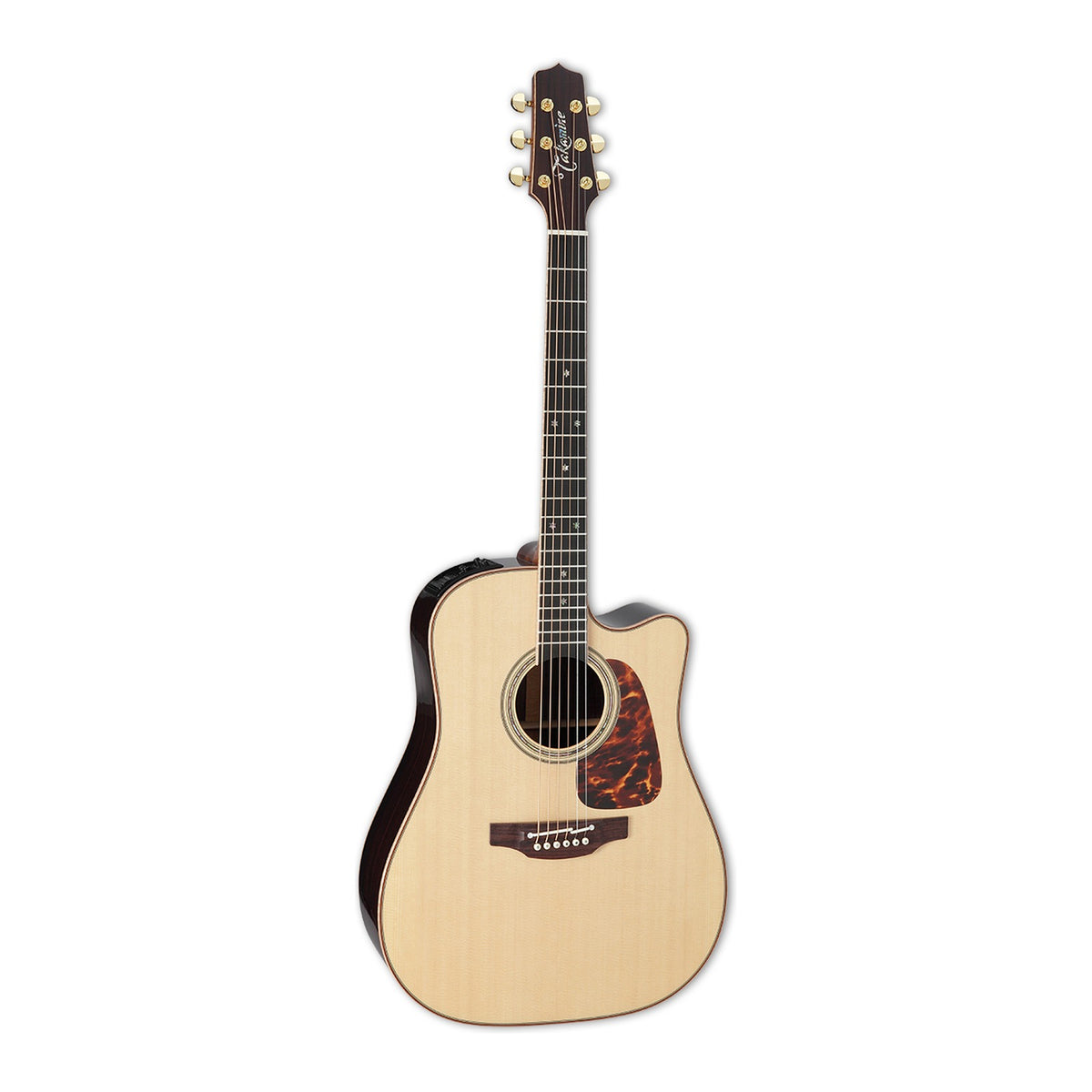 Full front view of the Takamine P7DC dreadnought cutaway guitar standing upright with the headstock at the top.