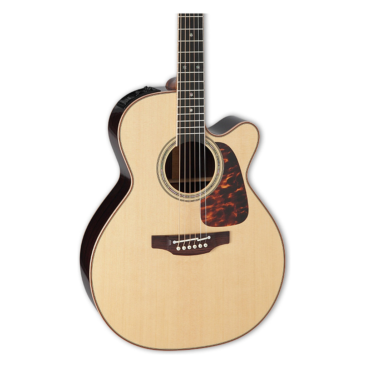 Front of the Takamine P7NC body in a natural gloss finish: solid spruce top, cutaway, soundhole rosette and the lower fretboard.