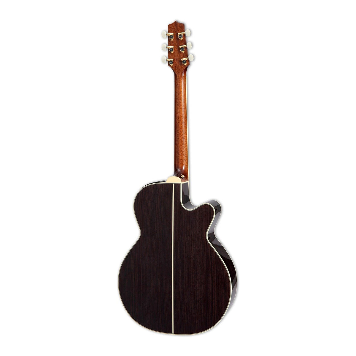 Mirrored from the right-handed model: full back view of the Takamine RNV460C LH with the mahogany neck and rosewood back.