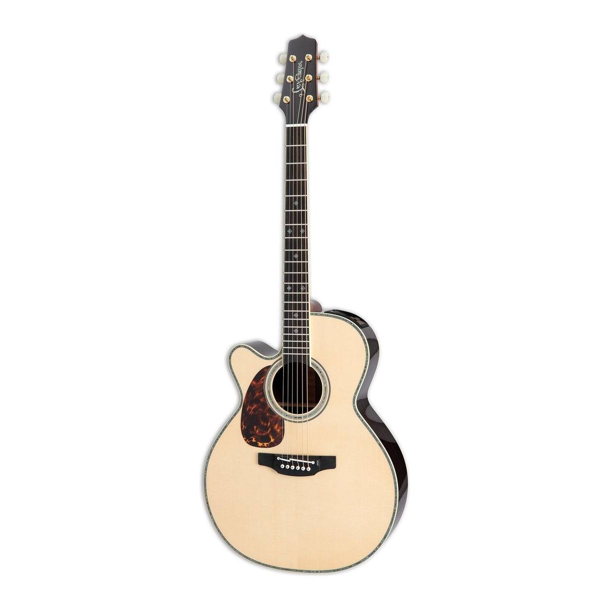 Mirrored from the right-handed model: full front view of the left-handed Takamine RNV460C LH NEX cutaway guitar standing upright.