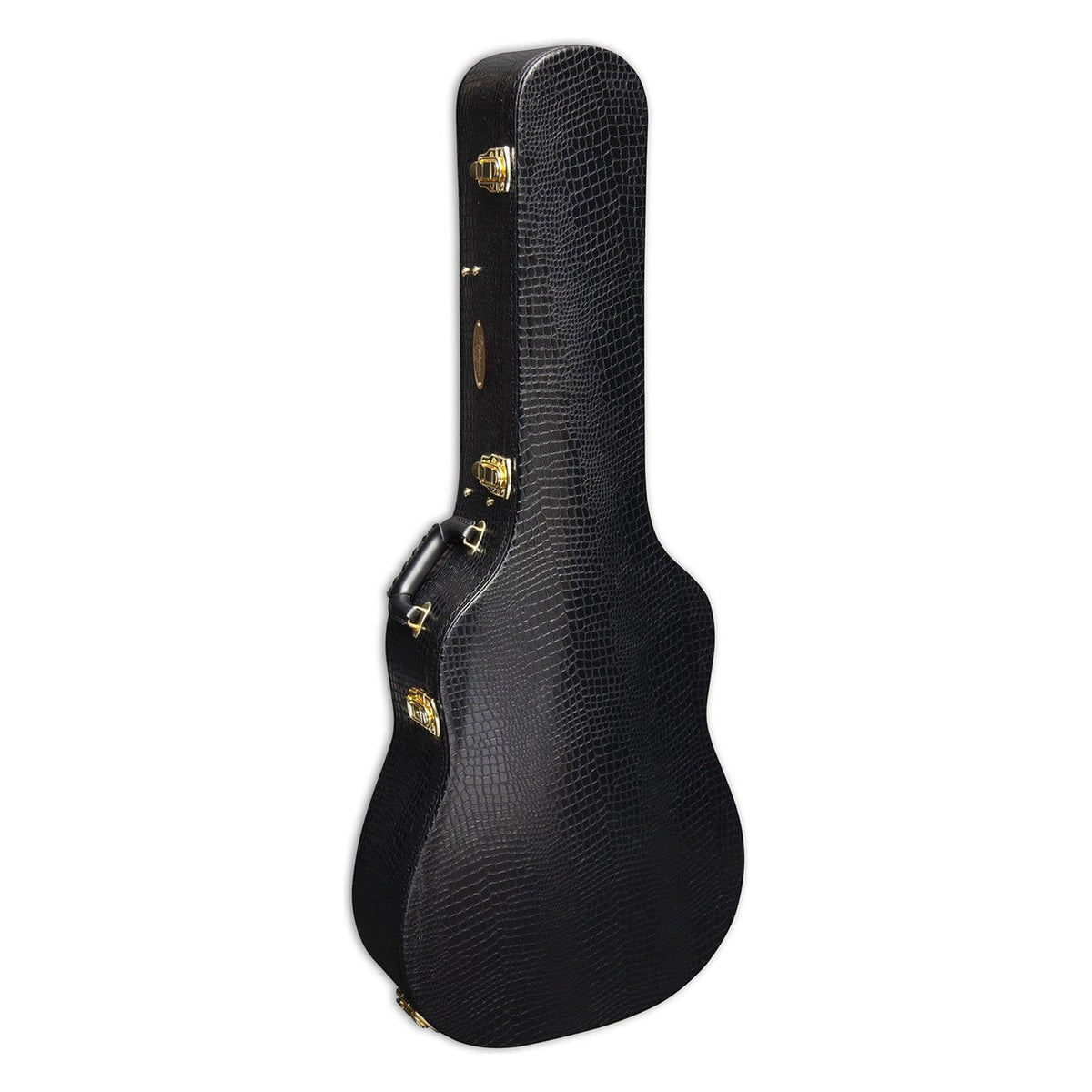 Black reptile-textured hardshell case with gold latches that ships with Takamine THE 60TH, standing upright.