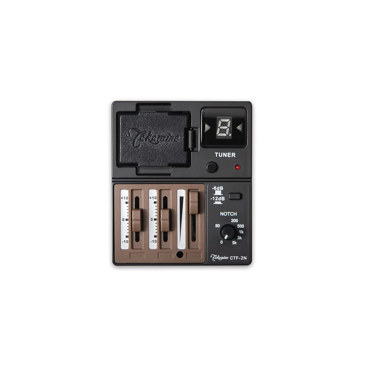 Takamine CTF-2N preamp panel with chromatic tuner display, two-band EQ sliders and notch filter dial.