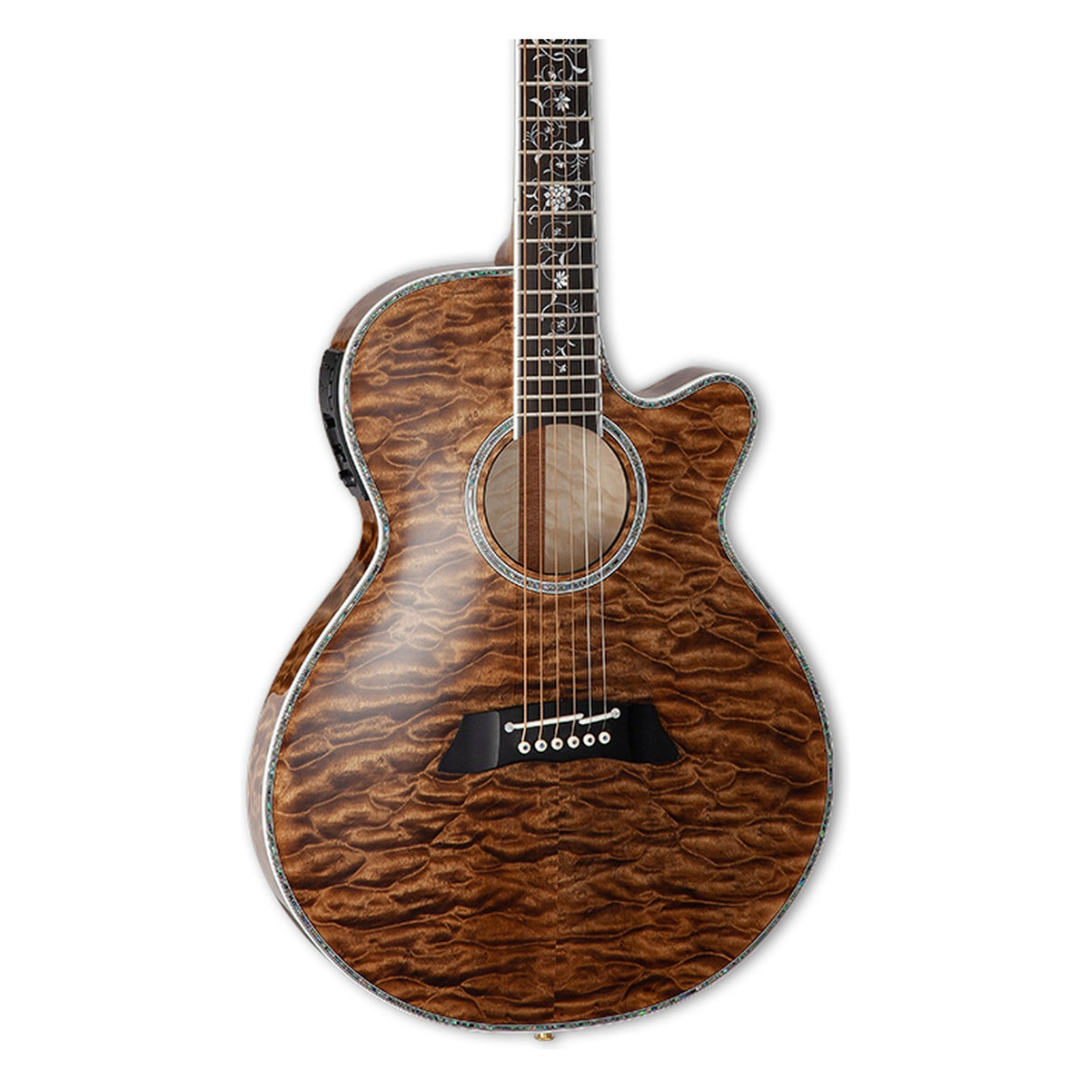 Front of the Takamine TSP100 VT body in a gloss vintage tobacco finish: arched maple top, cutaway, soundhole rosette and the lower fretboard.