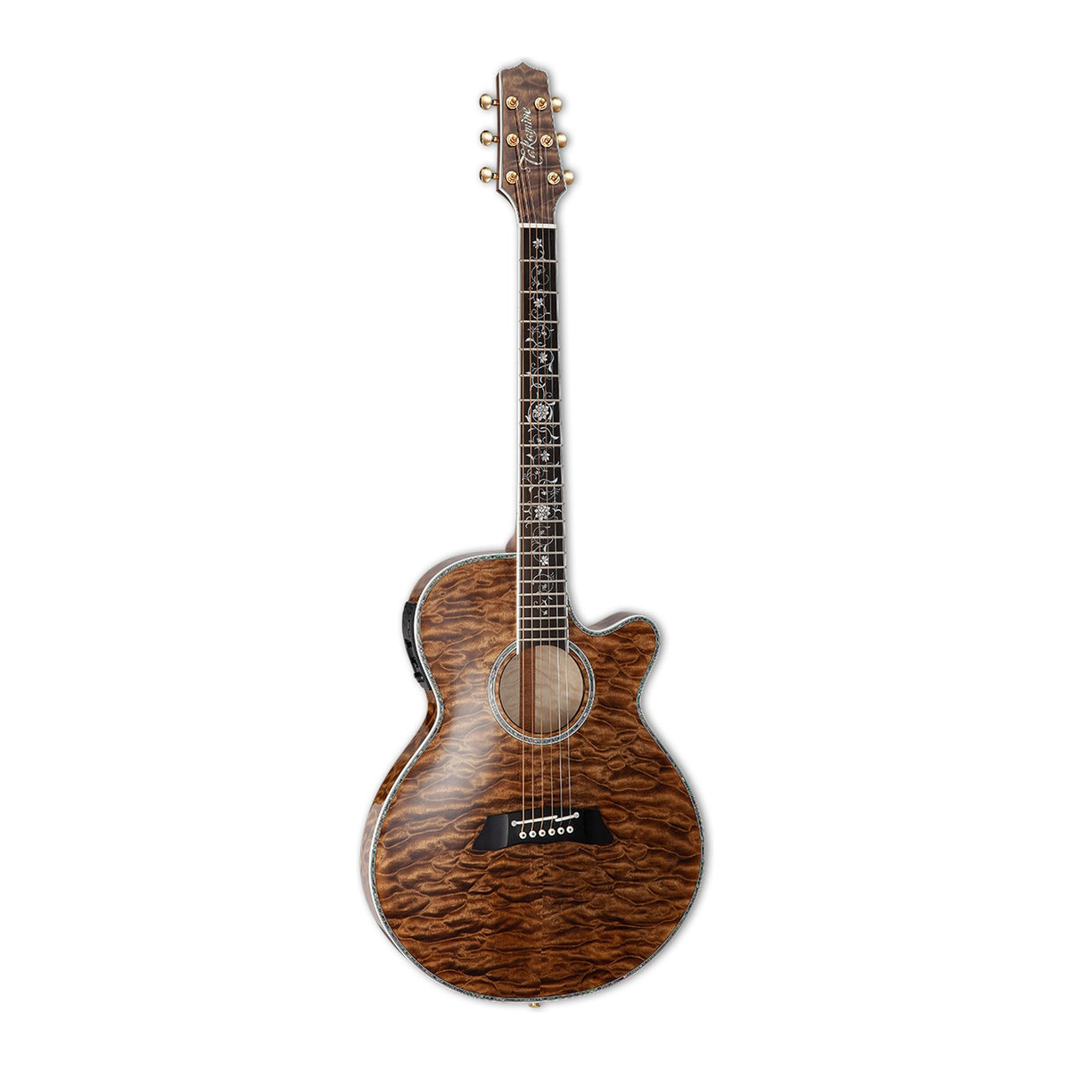 Full front view of the Takamine TSP100 VT FX cutaway guitar standing upright with the headstock at the top.