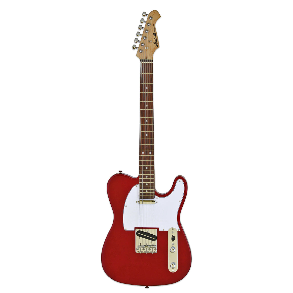 Aria TEG-002 electric guitar in candy apple red with a white pickguard, full-length front view