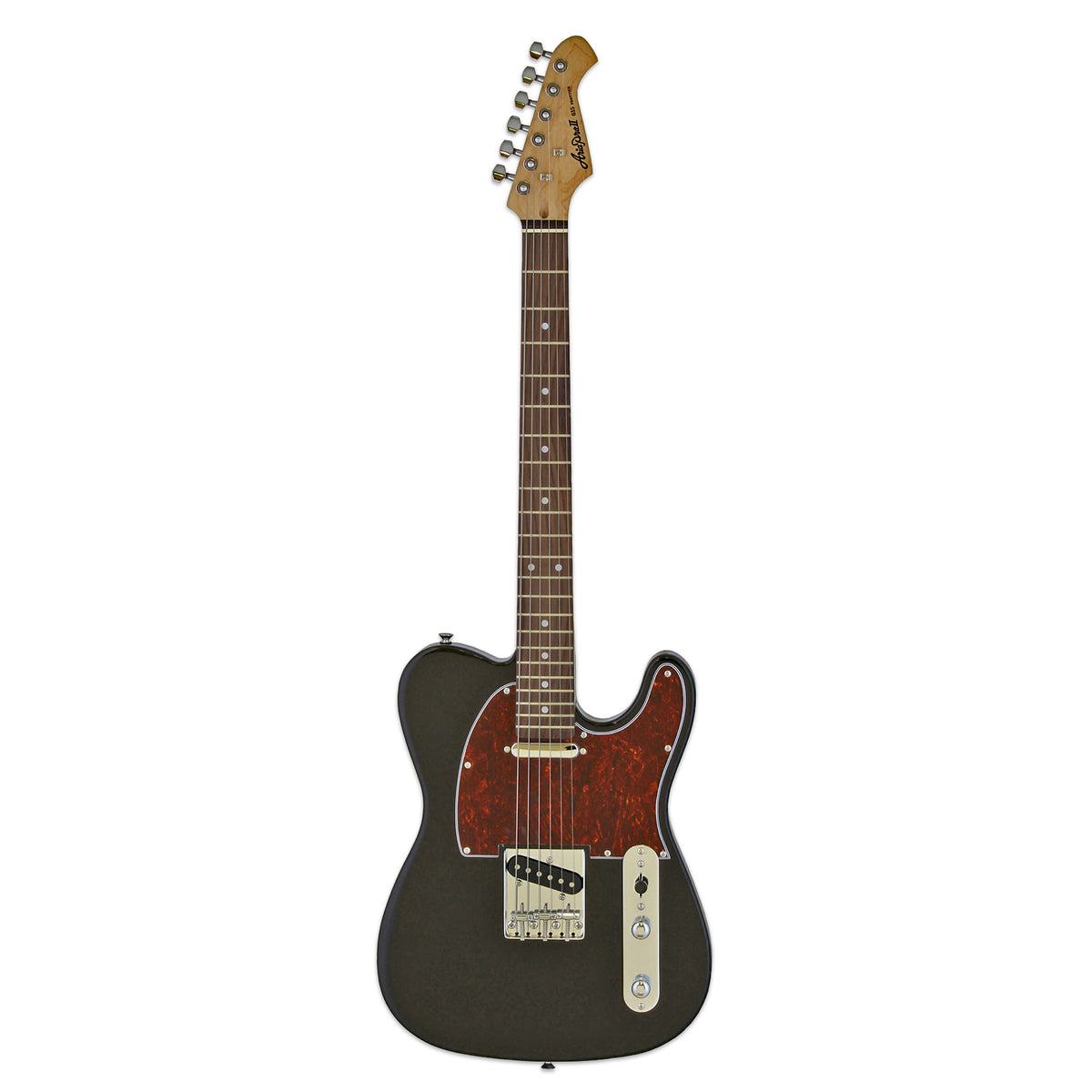 Aria TEG-002 Pro II electric guitar in black with a red tortoise pickguard, full-length front view