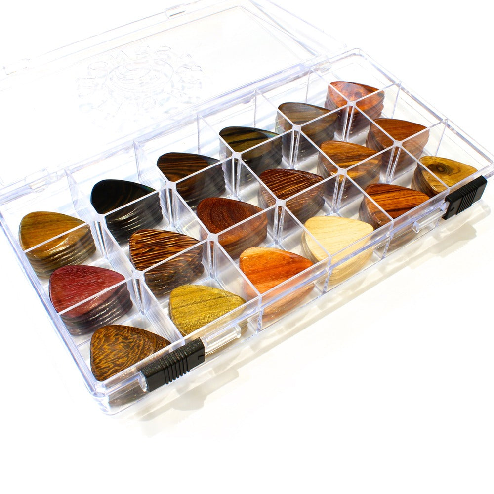Timber Tones tray of 108 exotic wood guitar picks in a clear 18-compartment display case, six picks of each timber