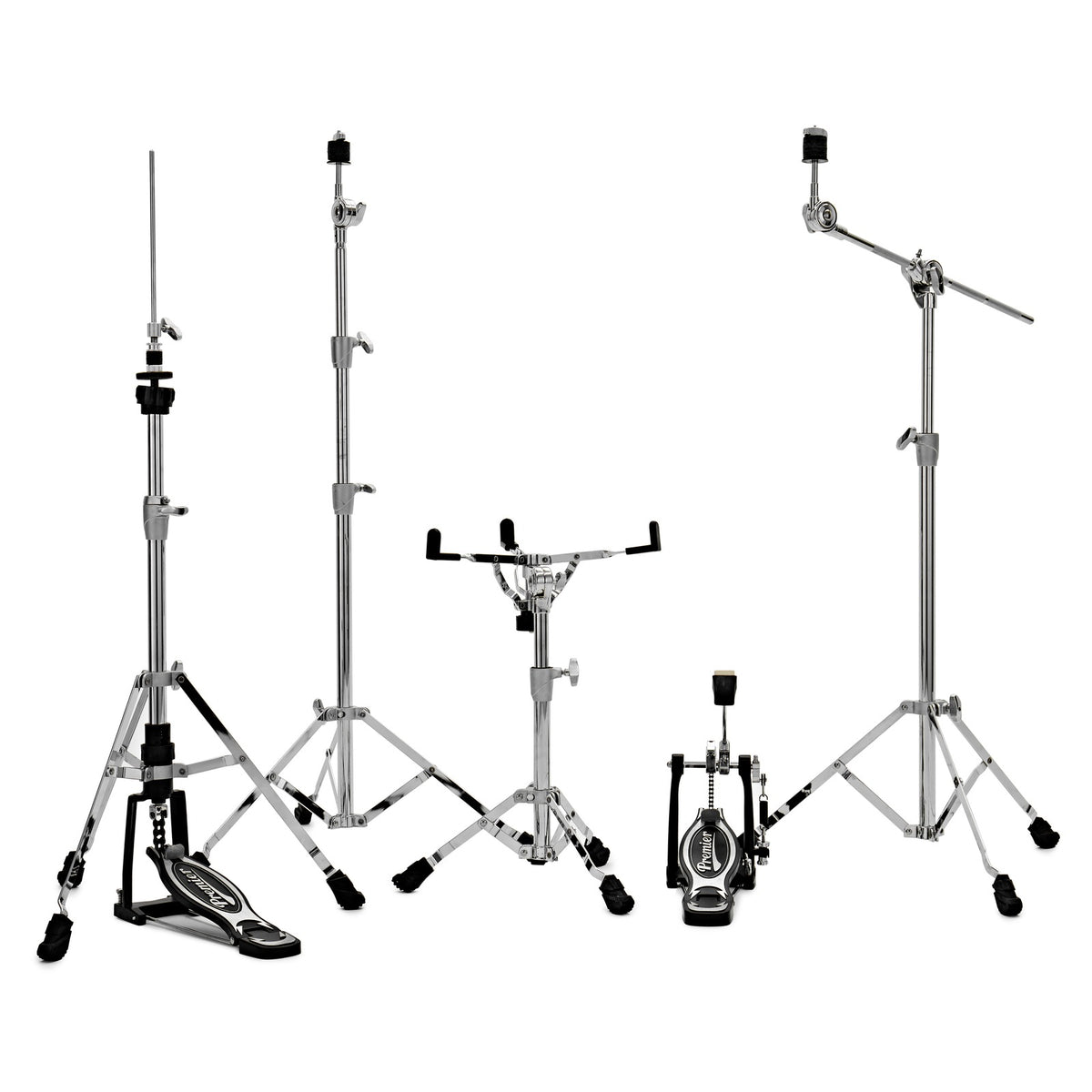 Premier 2000 Series hardware pack showing hi-hat stand, cymbal boom stand, cymbal stand, snare stand and single bass drum pedal