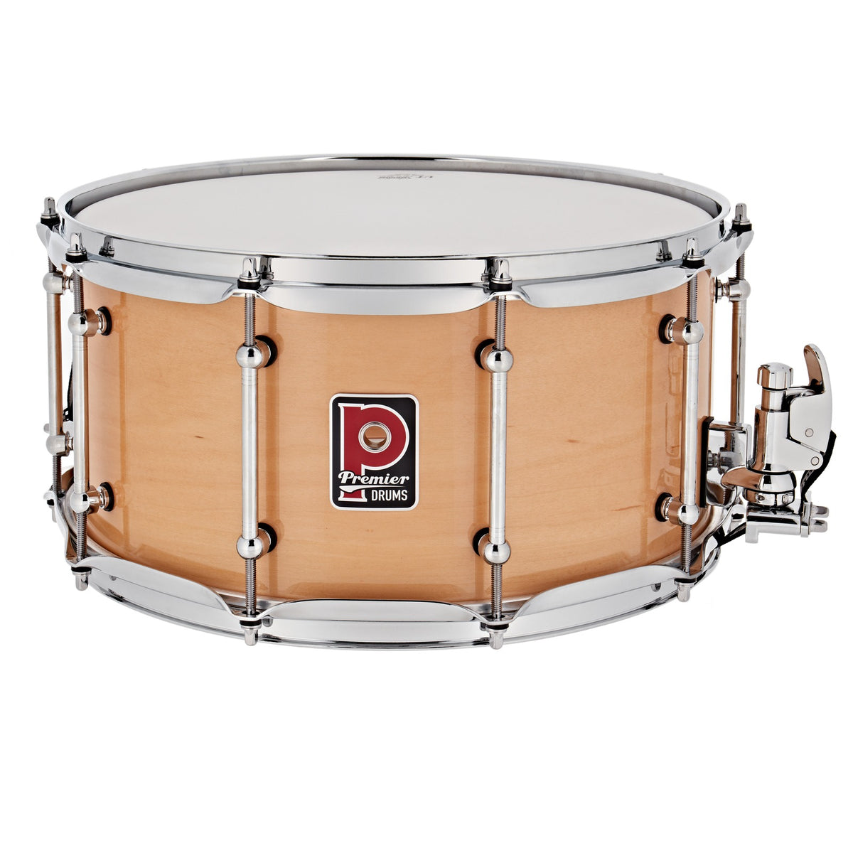 Front view of the Premier Beatmaker 13" x 7" maple snare drum with natural lacquer shell, chrome hoops and tube lugs