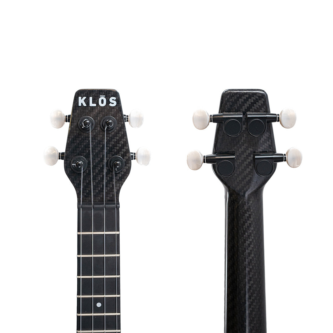 Klōs Full Carbon concert ukulele headstock, front with logo and rear tuners
