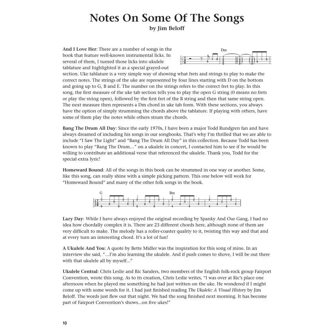Ukulele song notes by Jim Beloff with chord diagrams and tablature, Terry Carter Music Store.