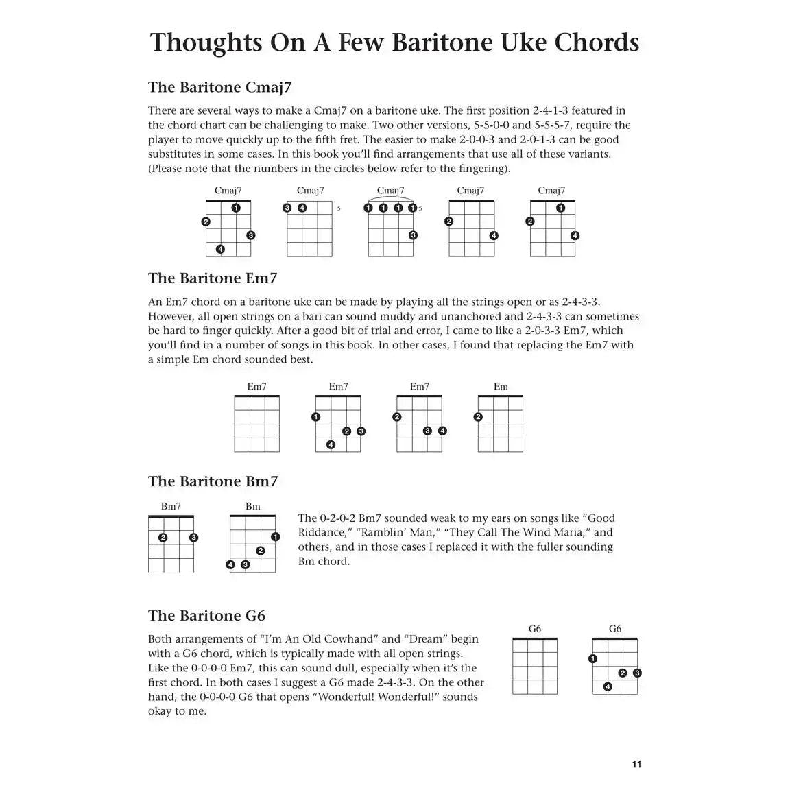 Baritone ukulele chord chart and instructions for Cmaj7, Em7, Bm7, G6 on Terry Carter Music Store sheet.