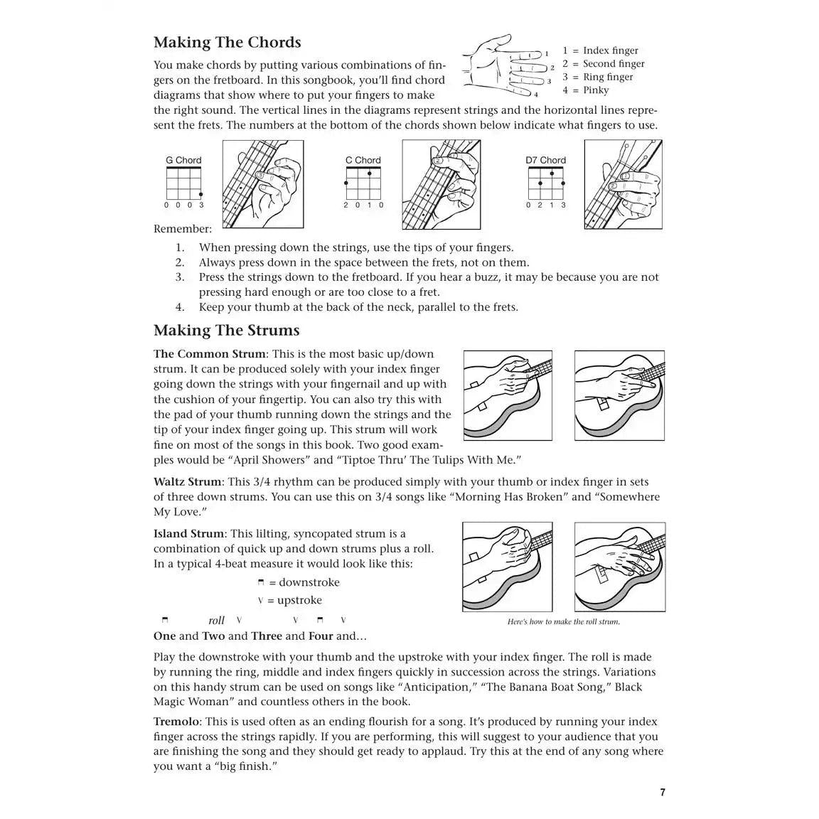 Ukulele chord diagrams and strumming technique guide page with hand positions, Terry Carter Music Store