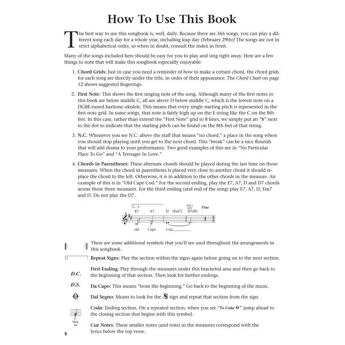 How To Use This Book instructional page with sheet music and chord diagrams at Terry Carter Music Store.