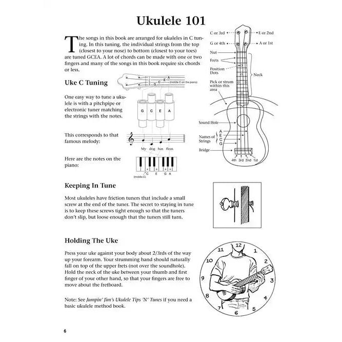 Ukulele 101 instructional page with tuning diagram, chord chart, and holding position guide.