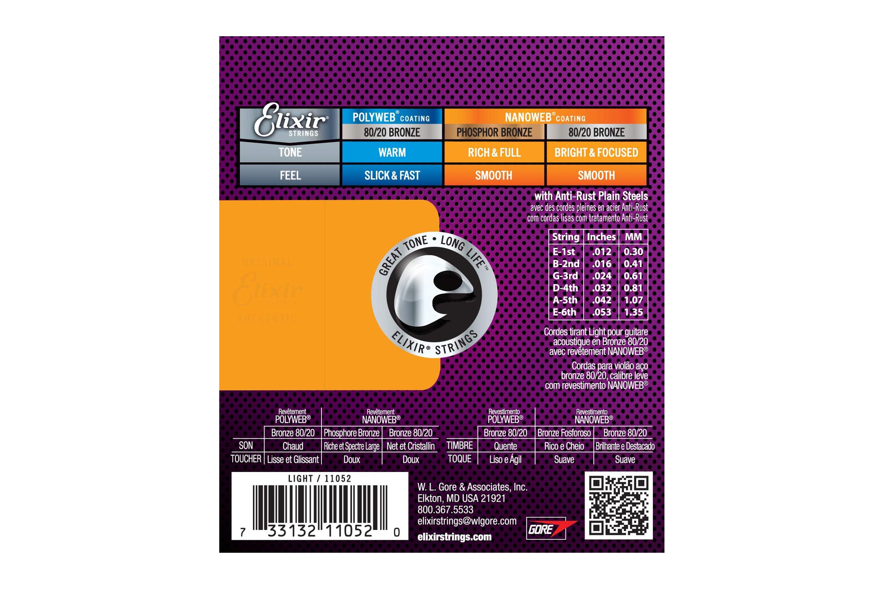 Elixir 11052 Nanoweb 80/20 Bronze Acoustic Guitar Strings - Light .012-.053