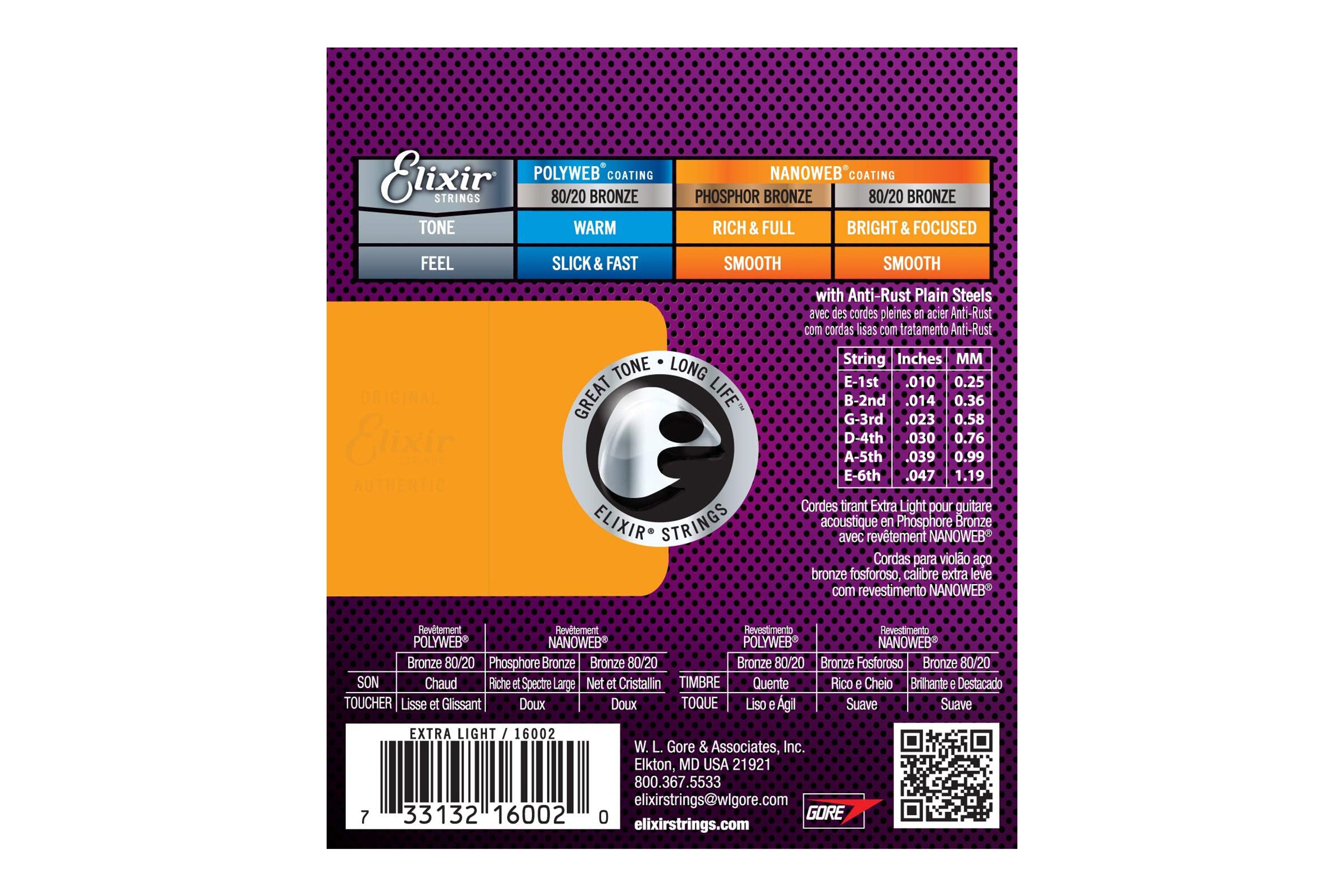 Elixir 16002 Phosphor Bronze With Nanoweb Coating Acoustic Guitar Strings - Extra Light .010-.047