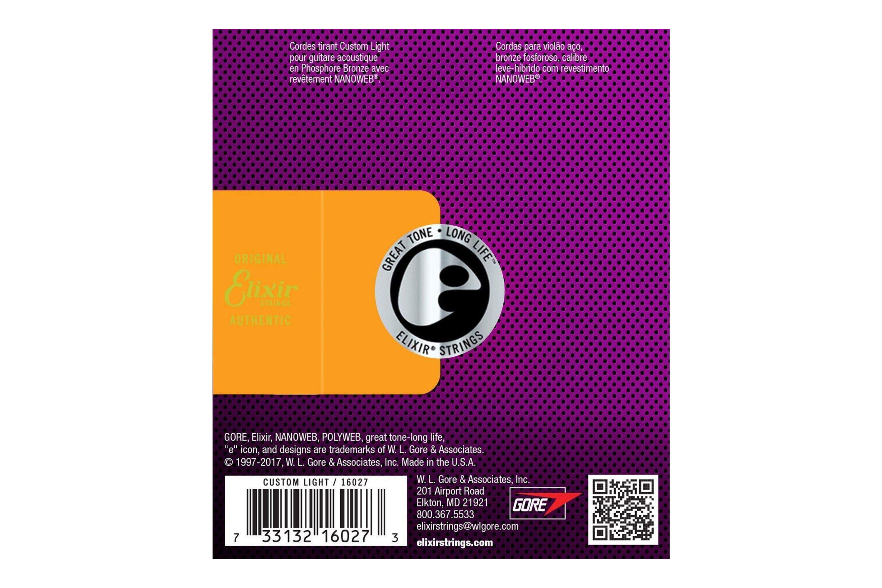 Elixir 16027 Phosphor Bronze With Nanoweb Coating Acoustic Guitar Strings - Custom Light .011-.052