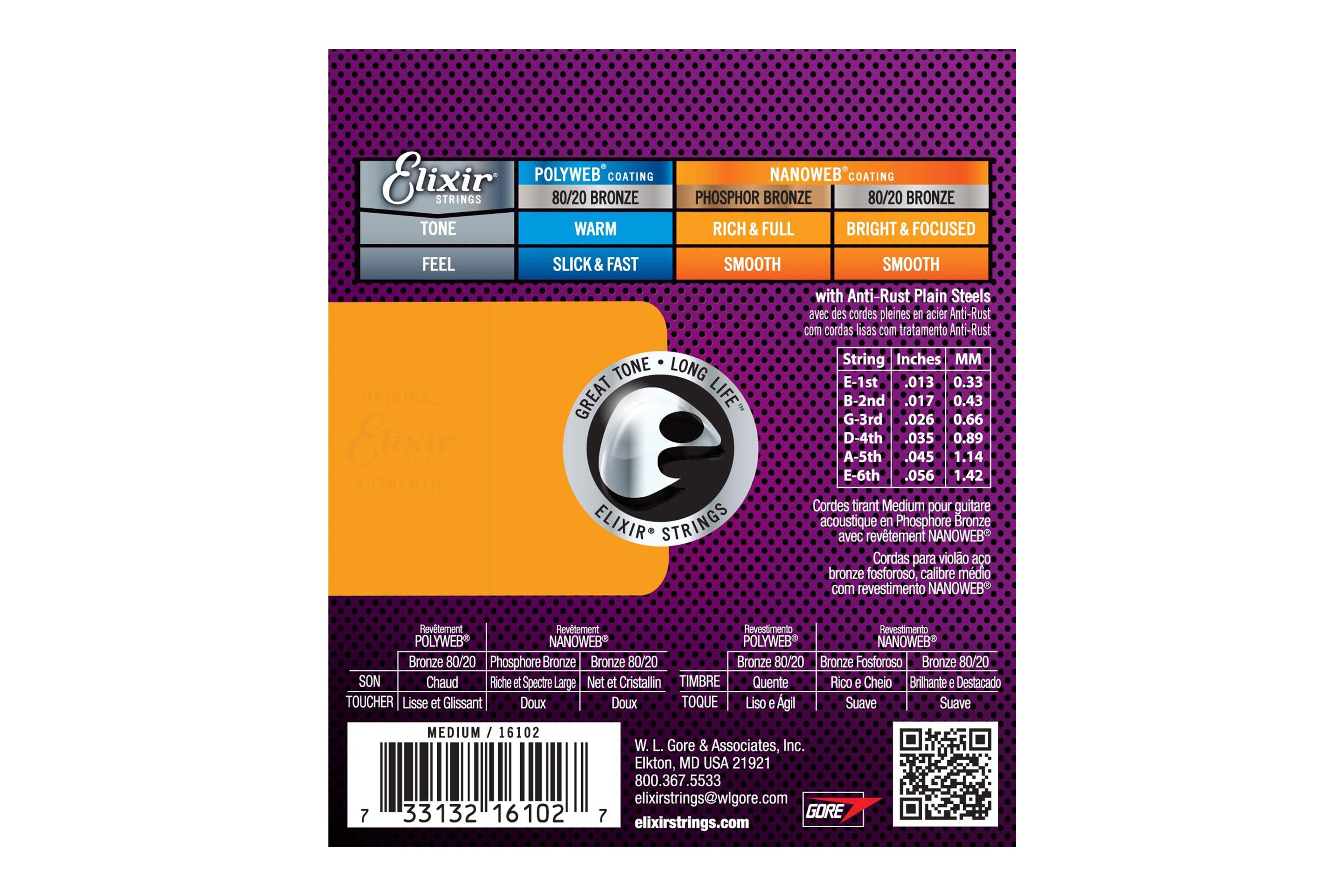 Elixir 16102 Phosphor Bronze With Nanoweb Coating Acoustic Guitar Strings - Medium .013-.056