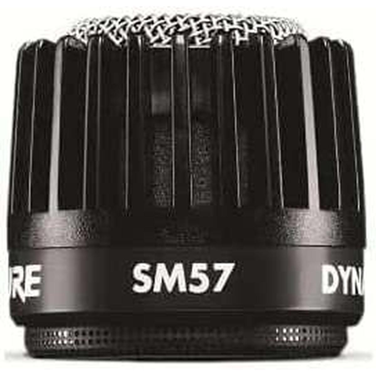 Close-up of the Shure SM57 grille and model badge