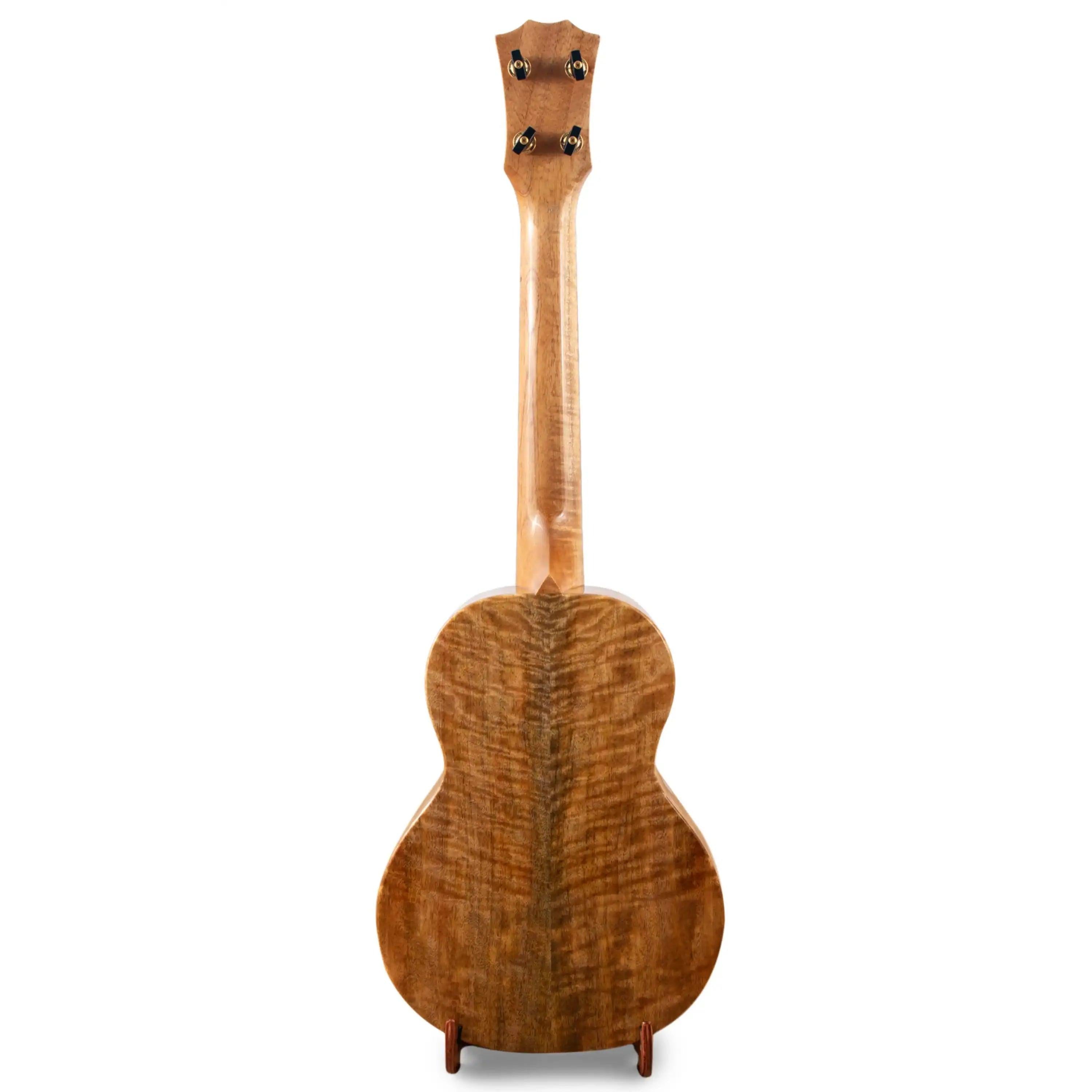 Back view of a figured koa wood ukulele at Terry Carter Music Store