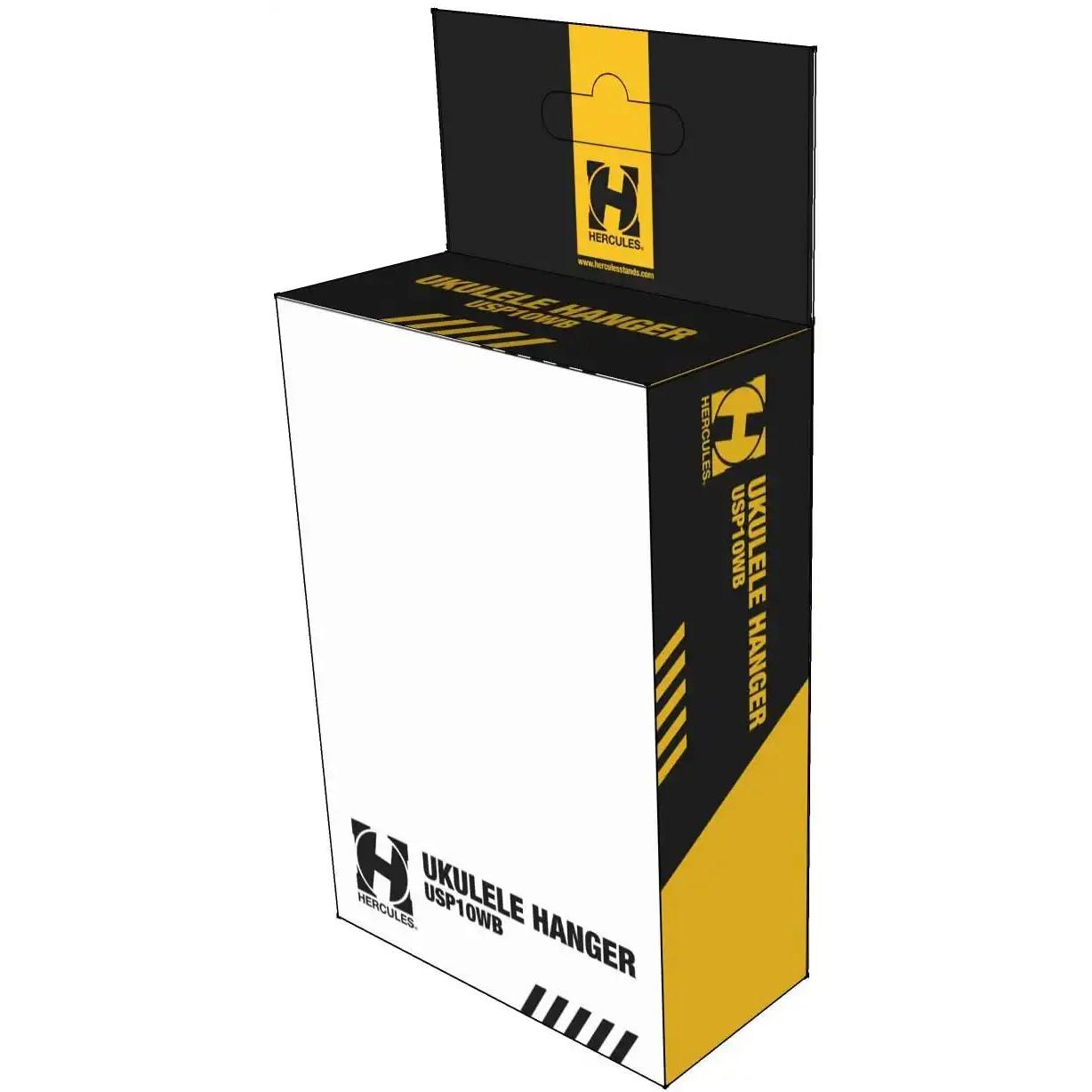 Hercules ukulele hanger USP10WB packaging, black and yellow box at Terry Carter Music Store