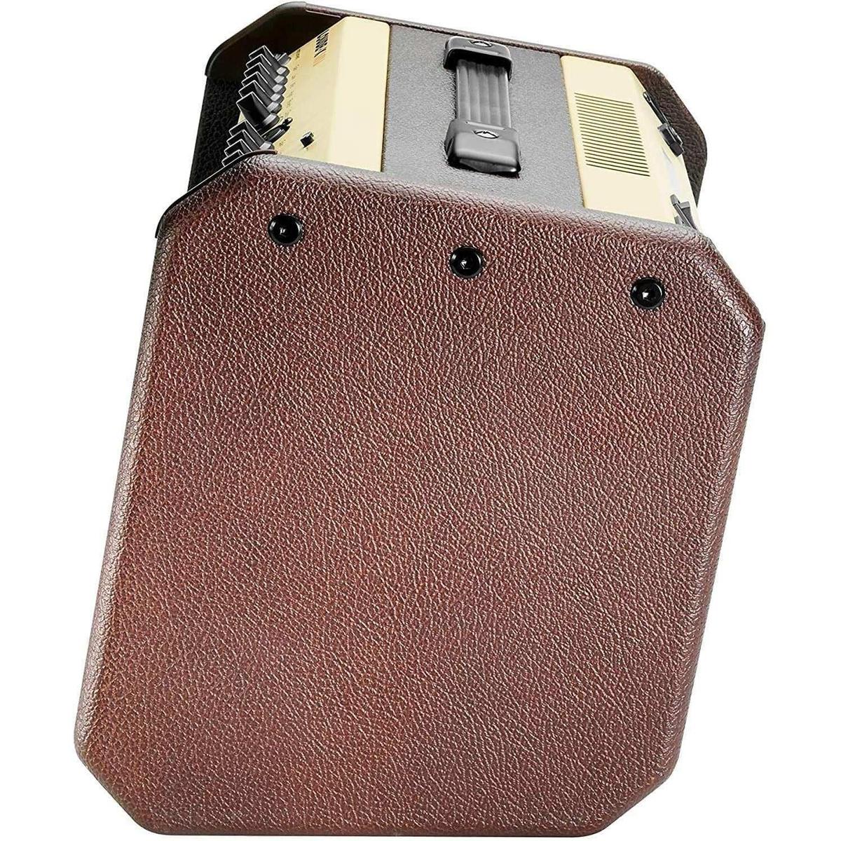 Brown textured guitar amplifier with black handle at Terry Carter Music Store