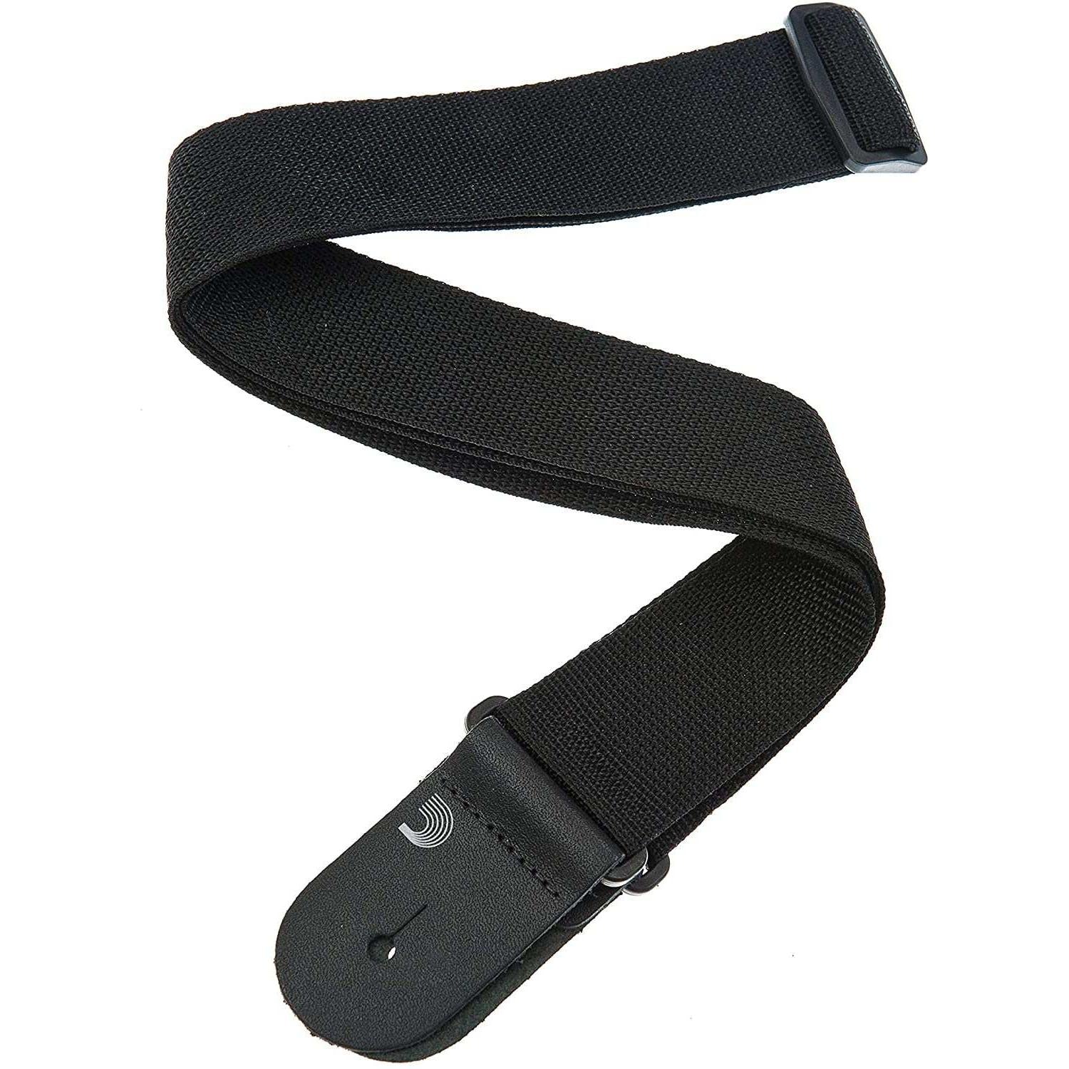 Black guitar strap with leather ends, visible logo, adjustable, Terry Carter Music Store accessory