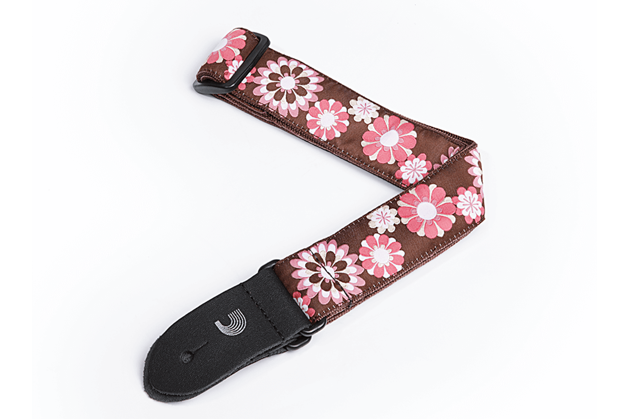 D'Addario Ukulele Strap Woven WHITE, BROWN and PINK Flowers 1-1/2 Inch