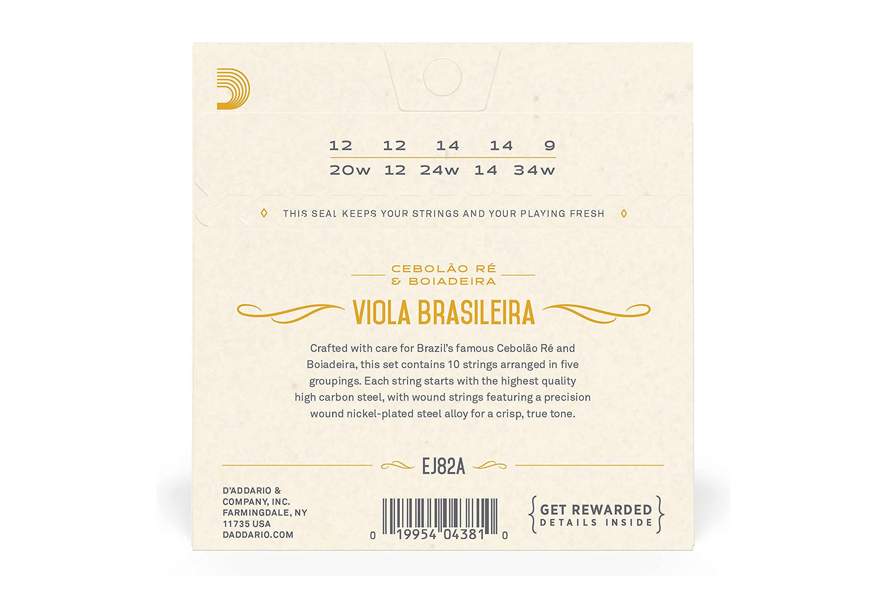 D'Addario EJ82A Nickel-Plated Steel 10-String Viola Brasileira Strings - Ball End .012-.034 Cebolao Re and Boiadeira