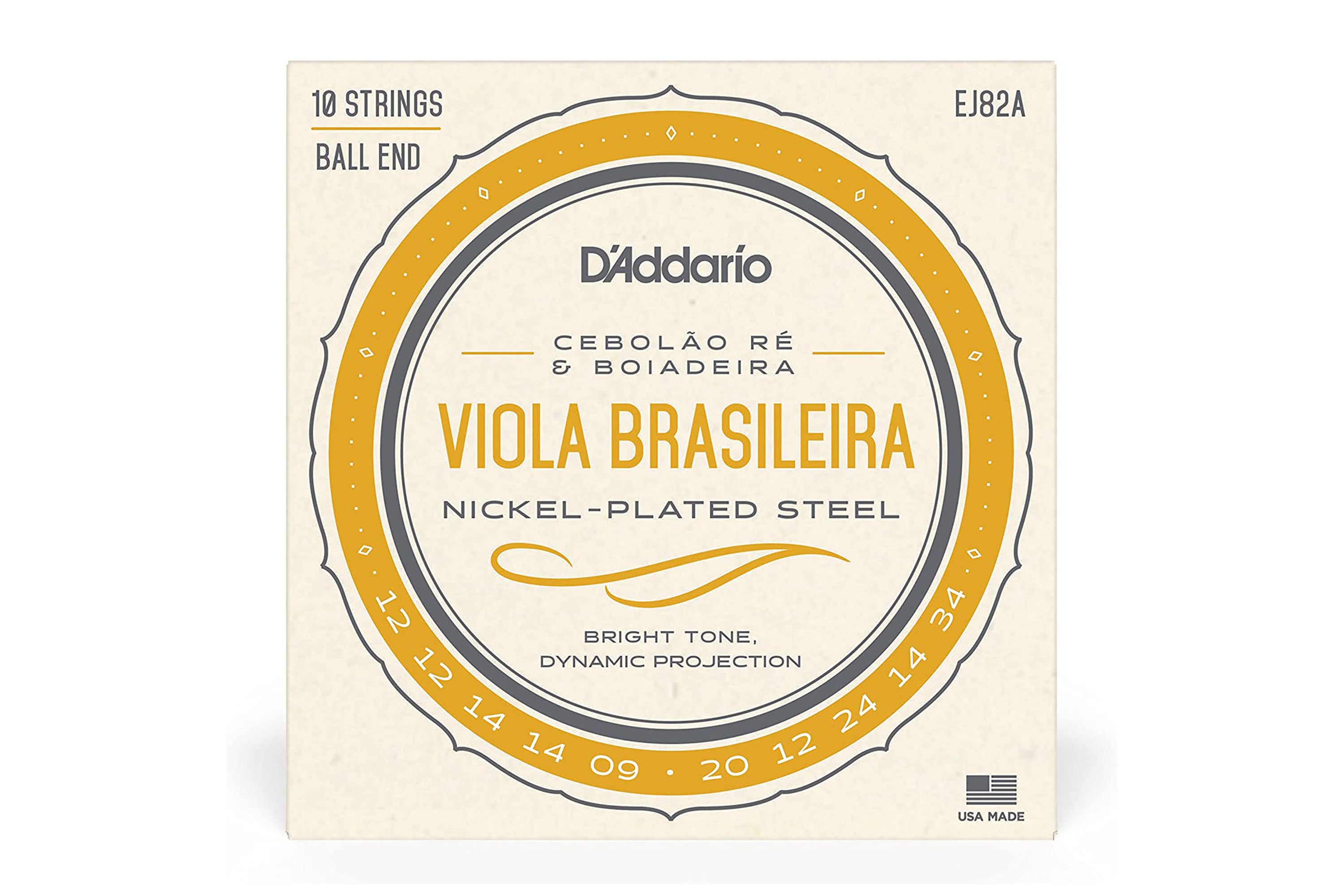 D'Addario EJ82A Nickel-Plated Steel 10-String Viola Brasileira Strings - Ball End .012-.034 Cebolao Re and Boiadeira