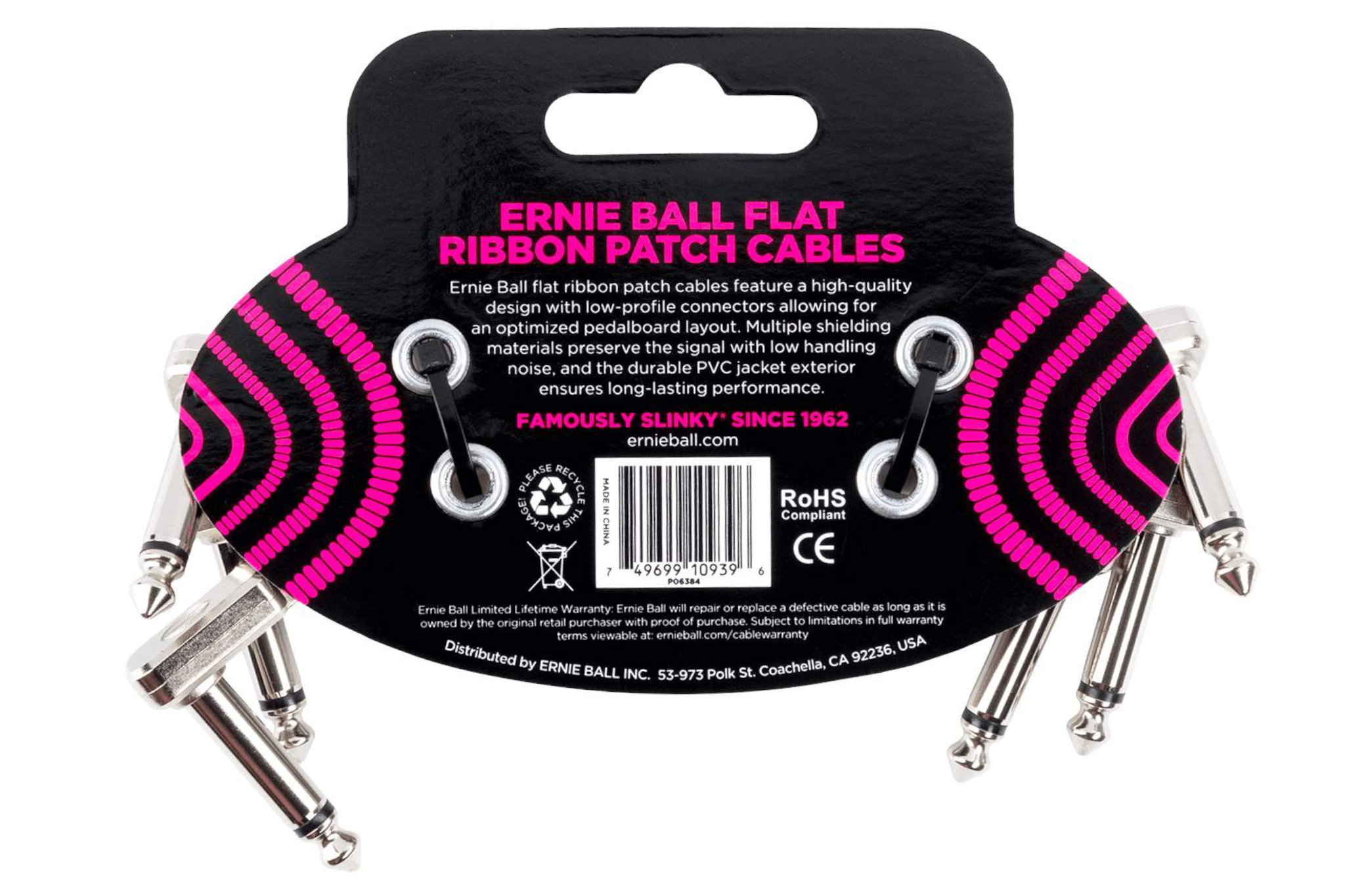 Ernie Ball 3" Flat Ribbon Patch Cable White 3 Pack - WHITE