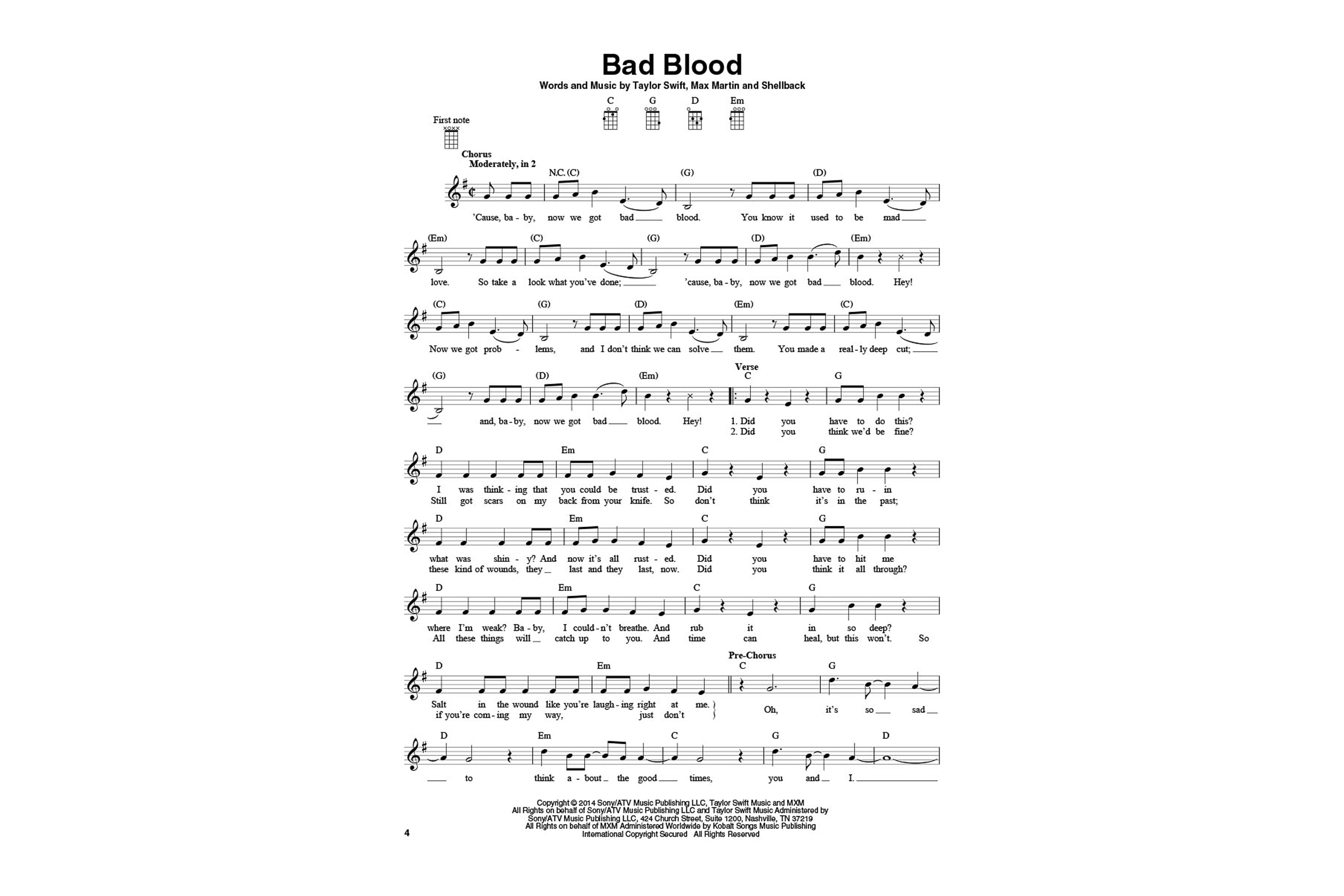 4-Chord Songs for Baritone Ukulele (G-C-D-Em): Melody, Chords and Lyrics for D-G-B-E Tuning