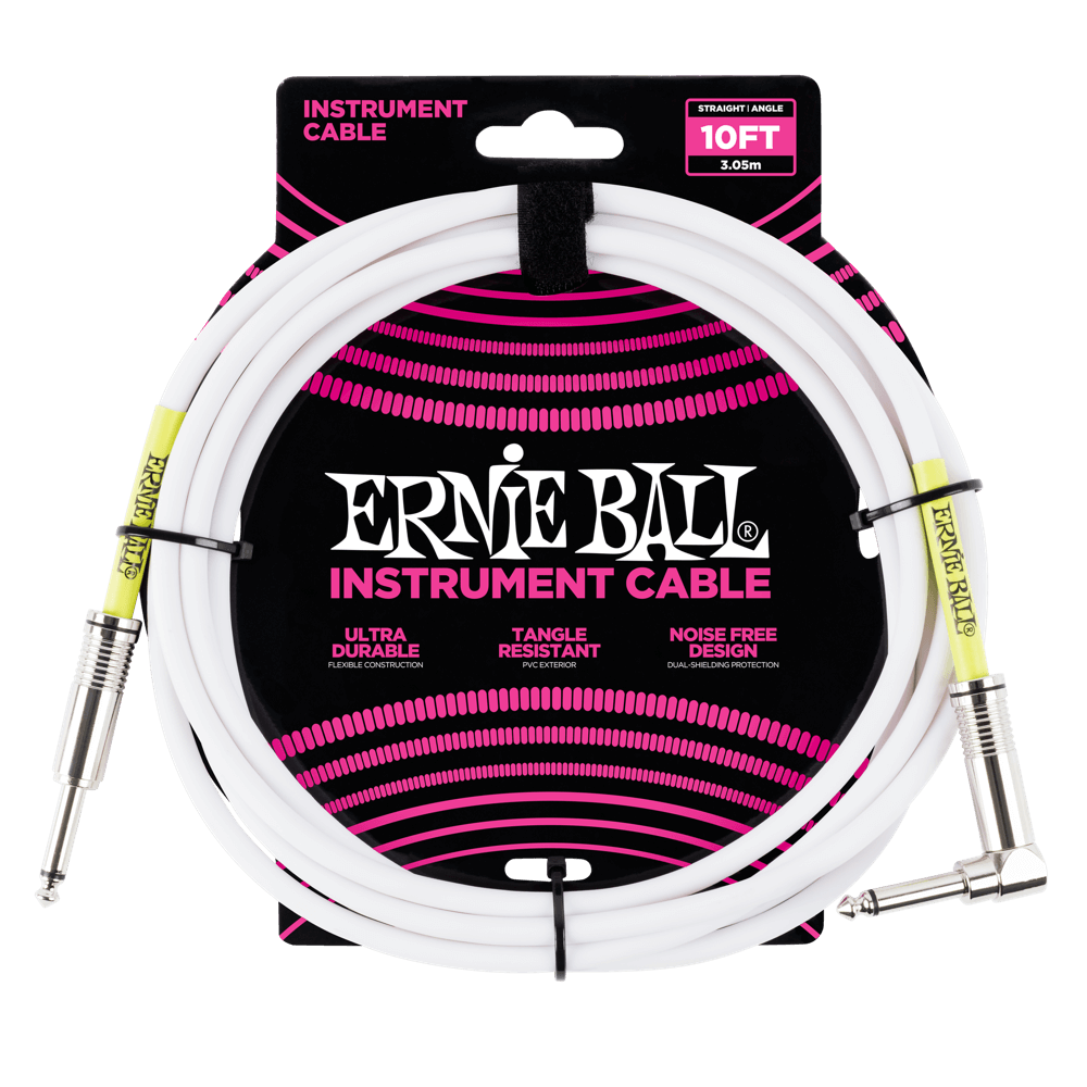 Ernie Ball 10 Foot Straight/Angle Instrument Cable - WHITE