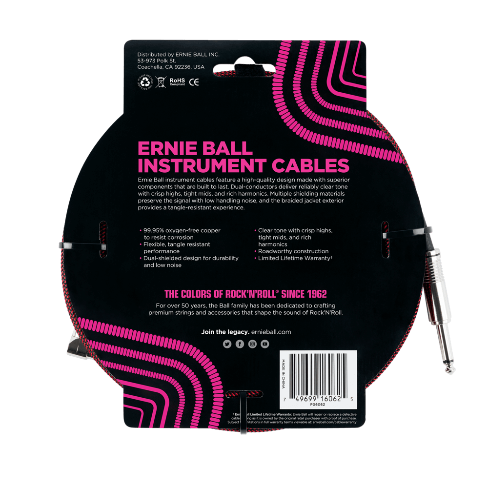 Ernie Ball 25 Foot Braided Straight/Angle Instrument Cable - BLACK / RED