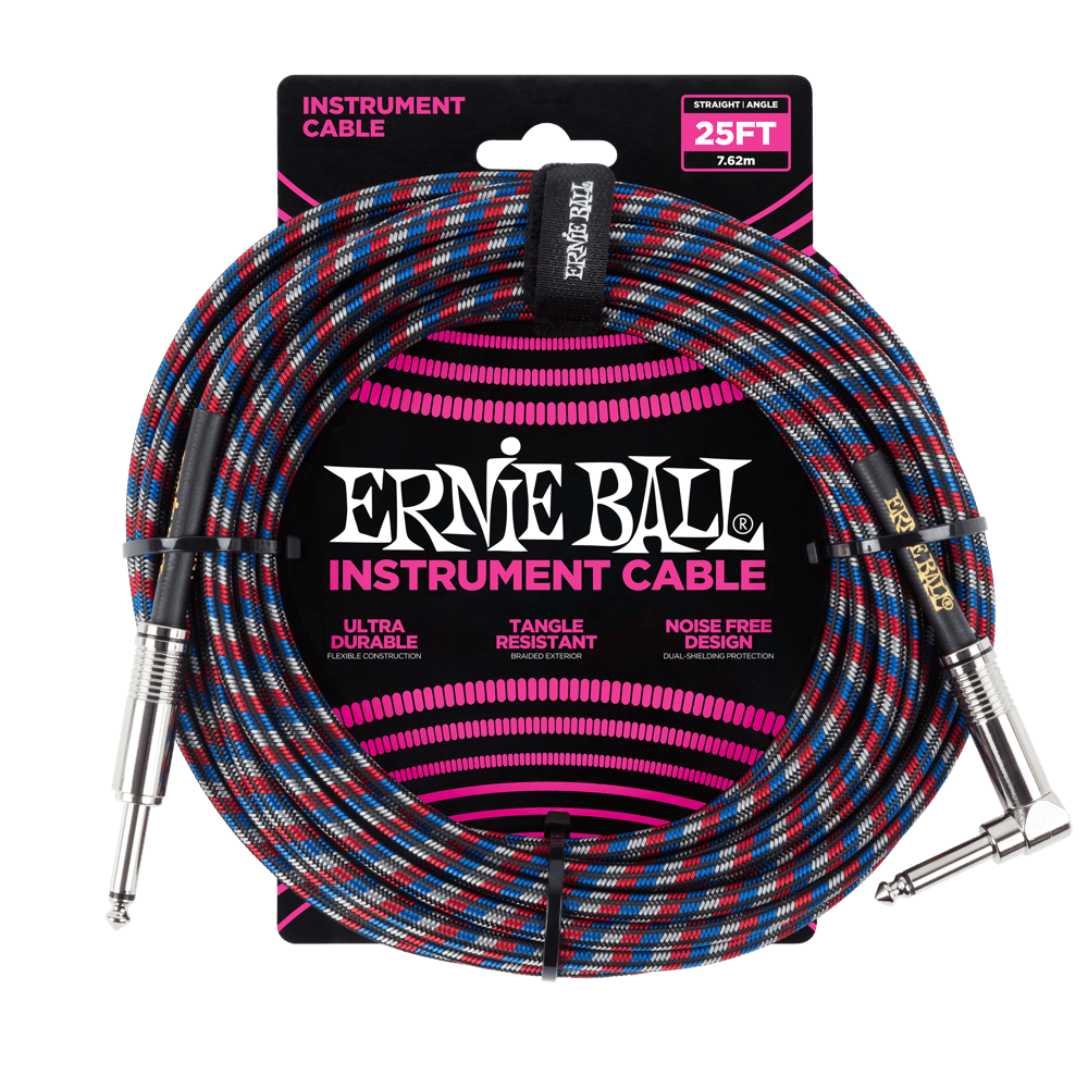 Ernie Ball 25 Foot Braided Straight/Angle Instrument Cable - BLACK / RED / BLUE / WHITE