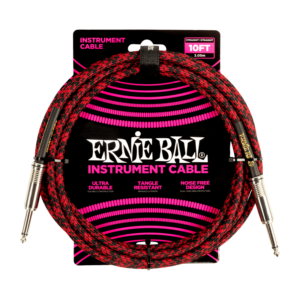 Ernie Ball 10 Foot Braided Straight/Straight Instrument Cable - RED/BLACK