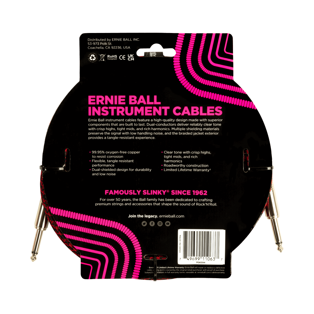Ernie Ball 10 Foot Braided Straight/Straight Instrument Cable - RED/BLACK
