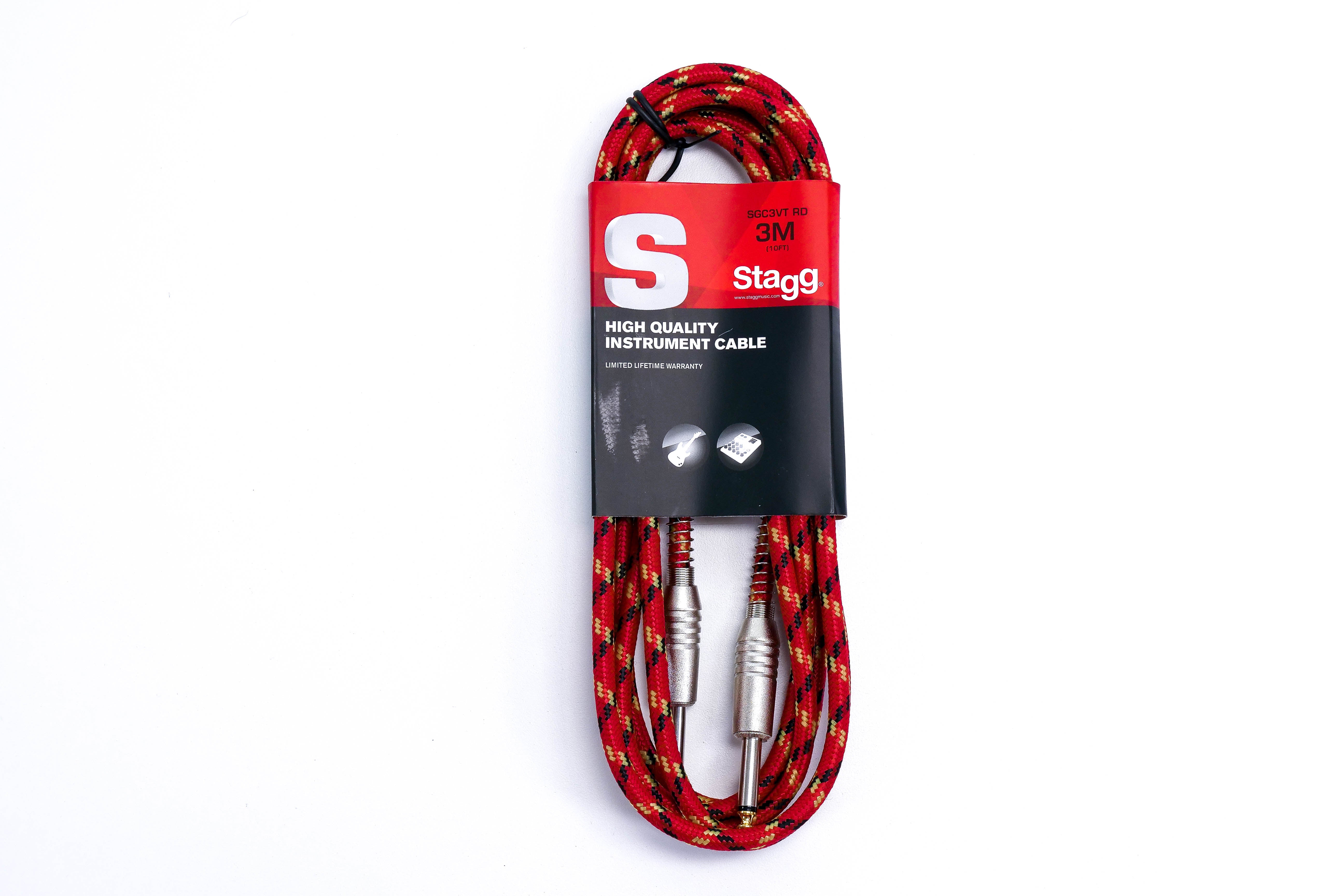 Stagg SGC3VT RD S-Series 1/4 Inch Red Vintweed Instrument Cable - 10 Feet