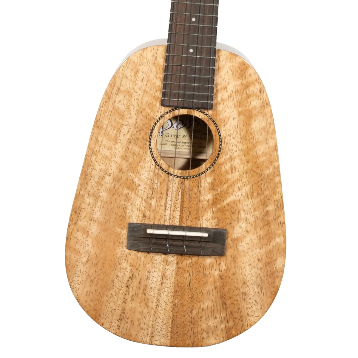 Pono MGCDP pineapple concert ukulele body front, solid mango top in gloss with ebony bridge