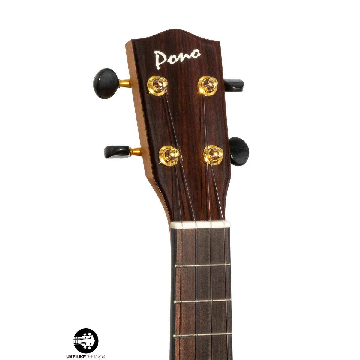 Pono MGCDP headstock front with ebony plate, Pono logo and gold Grover tuners