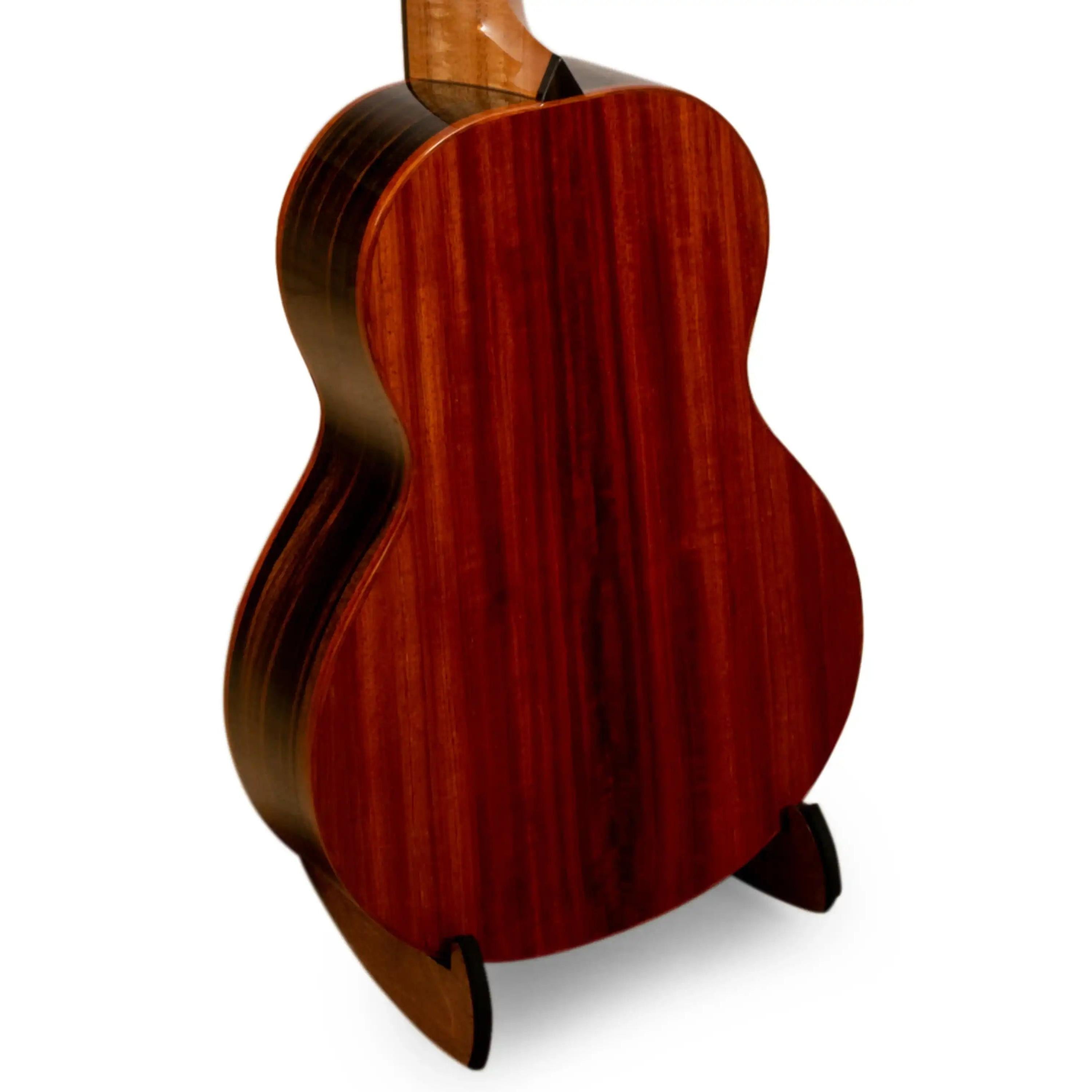 Back of an acoustic guitar with rich mahogany wood grain at Terry Carter Music Store