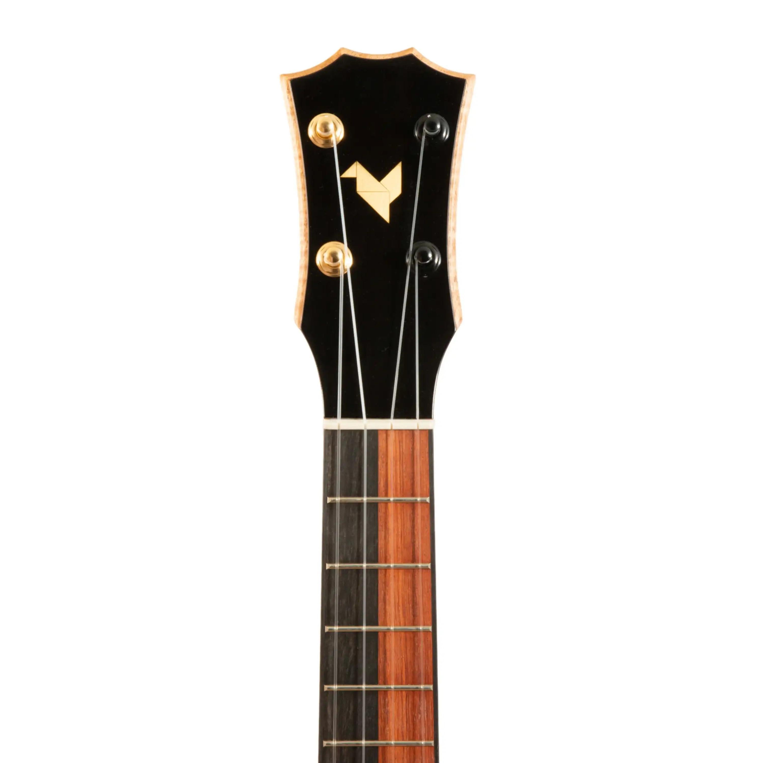 Romero Creations Daito ukulele headstock and fretboard with unique wood design at Terry Carter Music Store