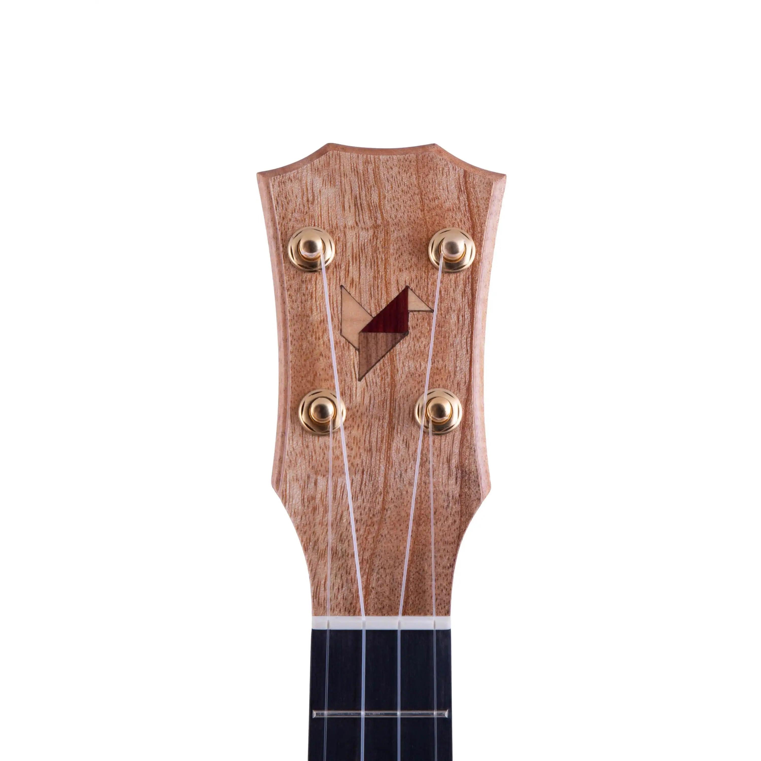 Rebel ukulele headstock with natural wood finish and gold tuners at Terry Carter Music Store
